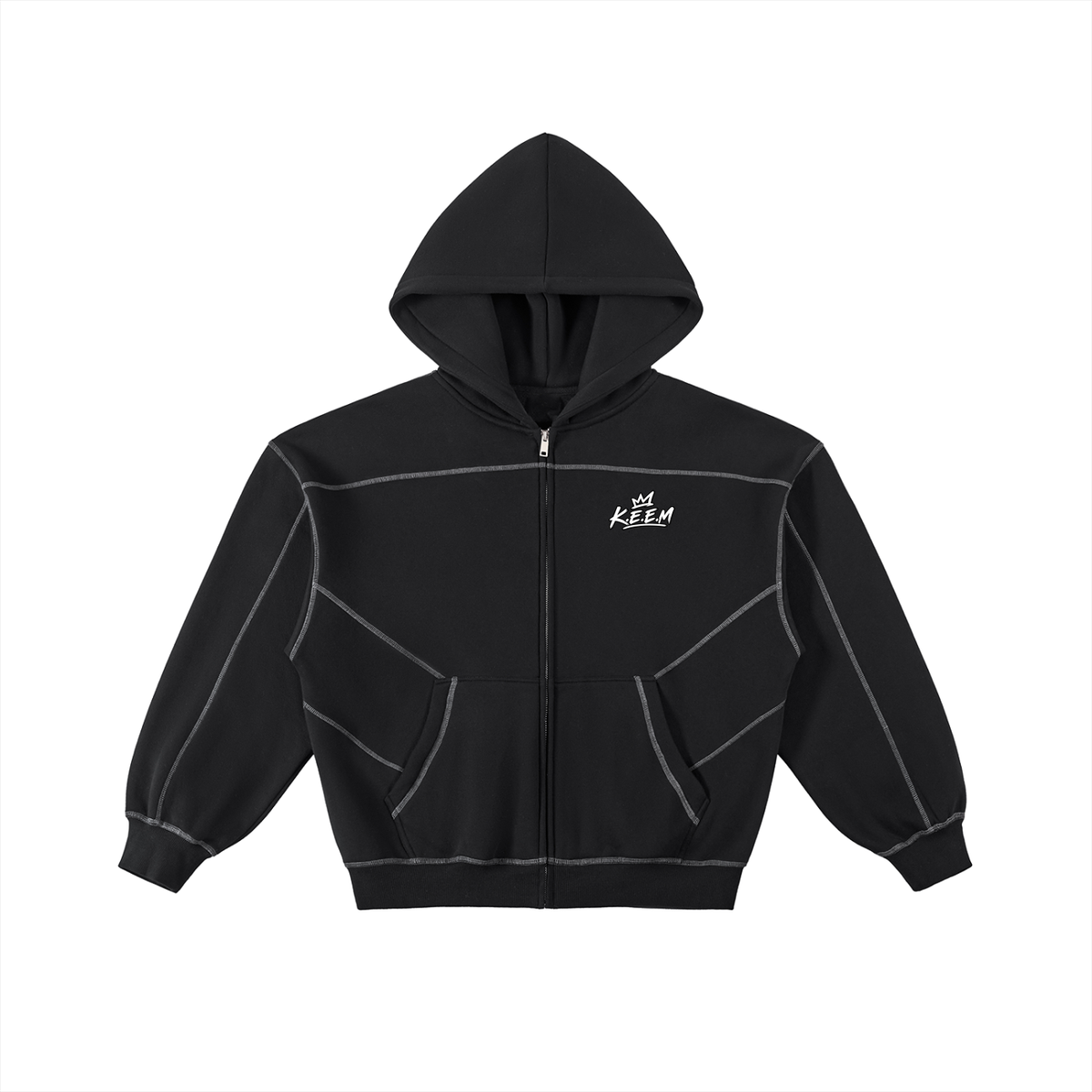Contrast-Stitched Boxy Fleece Zip Hoodie